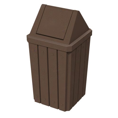 Sturdy Essentials 32 Gallon Square Slatted 100% Recycled Plastic Heavy Duty Outdoor Commercial Trash Can with Swing Top Lid | Great for Schools and Businesses - Brown