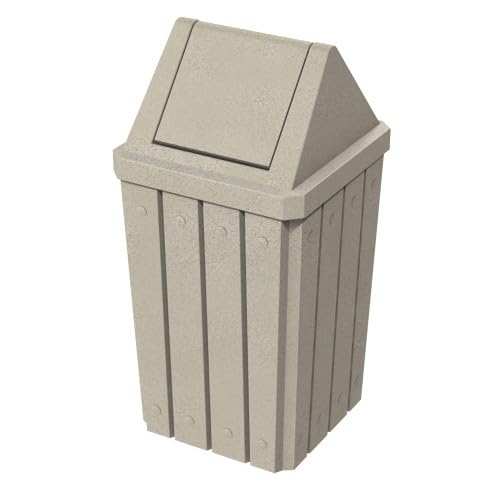 Sturdy Essentials 32 Gallon Square Slatted 100% Recycled Plastic Heavy Duty Outdoor Commercial Trash Can with Swing Top Lid | Great for Schools and Businesses - Beige Granite