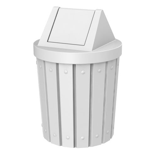 Sturdy Essentials 42 Gallon Round Slatted 100% Recycled Plastic Indoor or Outdoor Commercial Trash Can with Easy Access Swing Top Lid | Industrial Strength | Great for Schools and Businesses - White