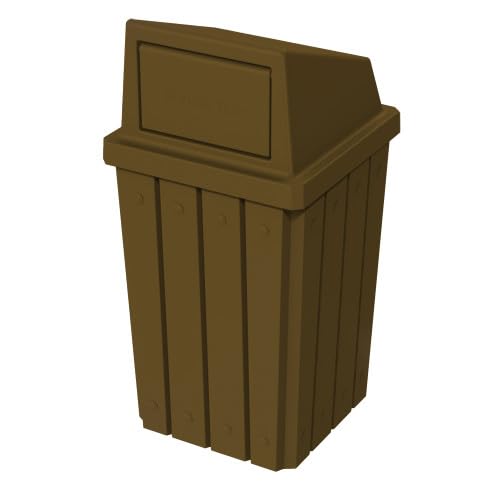 Sturdy Essentials Campus Collection 32 Gallon Square Slatted 100% Recycled Plastic Heavy-Duty Commercial Outdoor or Indoor Trash Can with Push Top Lid | Great for Schools and Businesses - Brown