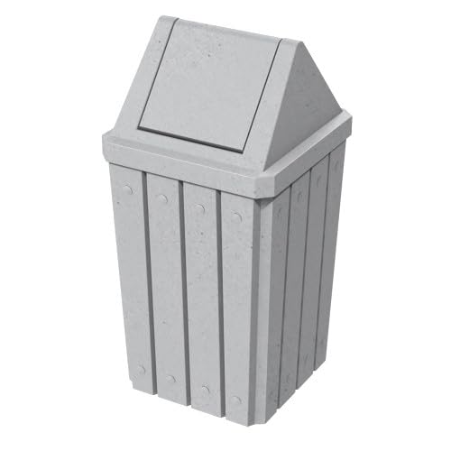 Sturdy Essentials 32 Gallon Square Slatted 100% Recycled Plastic Indoor or Outdoor Commercial Trash Can with Easy Access Swing Top Lid | Great for Schools and Businesses - Light Granite