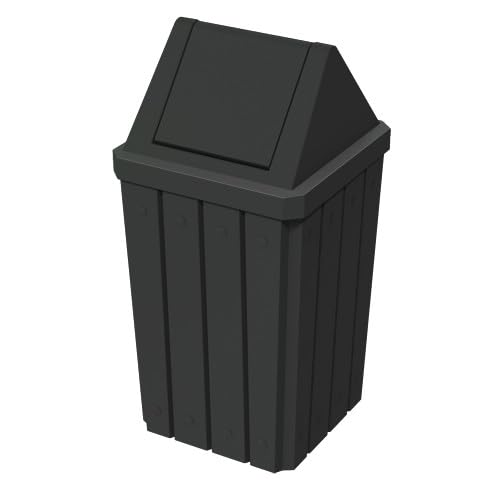 Sturdy Essentials 32 Gallon Square Slatted 100% Recycled Plastic Heavy Duty Outdoor Commercial Trash Can with Swing Top Lid | Great for Schools and Businesses - Black