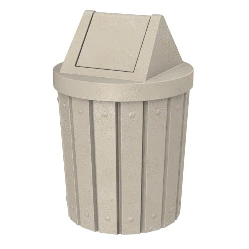 Sturdy Essentials 42 Gallon Round Slatted 100% Recycled Plastic Heavy Duty Outdoor Trash Can with Swing Top Lid - Beige Granite