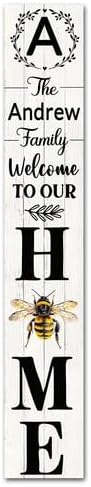 SRongmao Welcome To Our Home Porch Sign Personalized Welcome Sign for Front Door Custom Family Name Signs Standing Vertical Rustic Farmhouse Bee Decor for Front Door Wall Decor