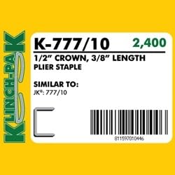 Klinch-Pak K-777/10 3/8” Leg by 1/2" Wide Heavy-Duty Galvanized Plier Staples, 2400 Per Package, for stapling Trays, Lids, Bags, Header Cards, Fastening End Caps and Container Inserts
