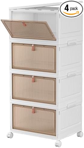 CTSNSLH 4 Tier Plastic Storage Bins with Lid - 27.5Qt Stackable with Lids for Bedroom, Living Room, Office - Foldable Containers, Household Organization