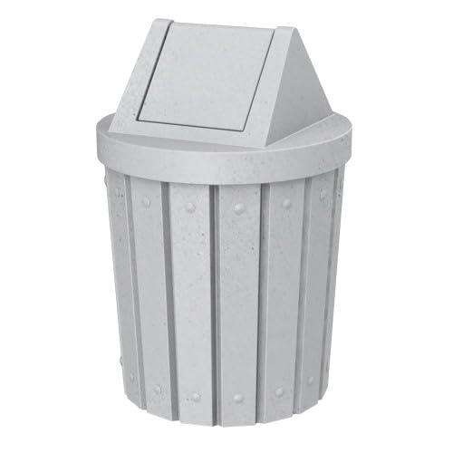 Sturdy Essentials 42 Gallon Round Slatted 100% Recycled Plastic Indoor or Outdoor Commercial Trash Can with Easy Access Swing Top Lid | Great for Schools and Businesses - Light Granite