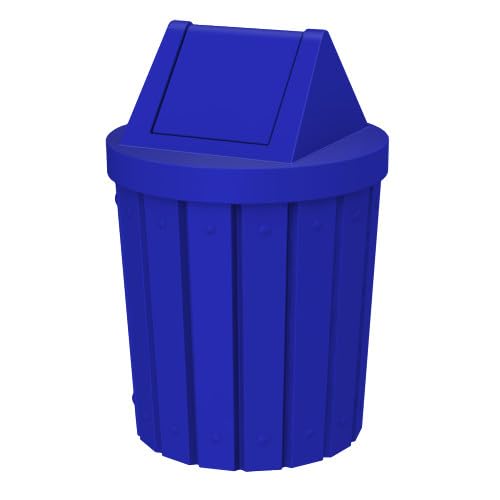 Sturdy Essentials 42 Gallon Round Slatted 100% Recycled Plastic Indoor or Outdoor Commercial Trash Can with Easy Access Swing Top Lid | Great for Schools and Businesses - Blue