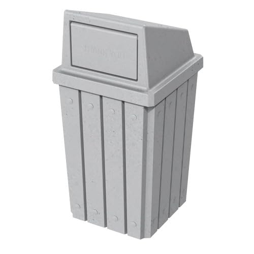 Campus Collection 32 Gallon Square Slatted 100% Recycled Plastic Heavy-Duty Commercial Outdoor and Indoor Trash Can with Push Top Lid | Great for Schools and Businesses - Light Granite