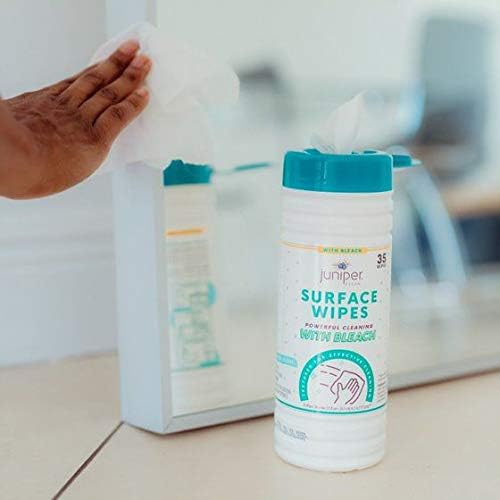 Juniper CLEAN 12 Pack Surface Cleaning Wipes with Bleach, All-Purpose Cleaner for Bathroom, Kitchen, Office, 420 Count Canister, 7.5" x 7" Sheet, Fresh Scent, Lint Free & Durable