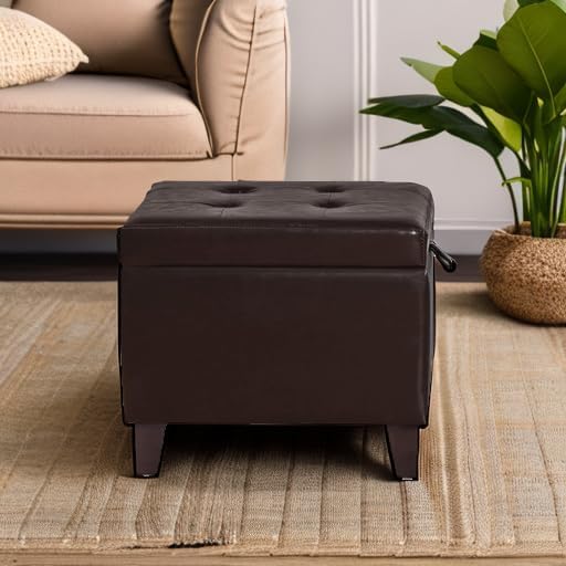 Asense 17 Inch Storage Ottoman Foot Rest,Square Faux Leather Foot Stool,Small Ottoman with Storage,Padded Seat for Entryway,Living Room,Bedroom,Couch,Under Desk,Brown
