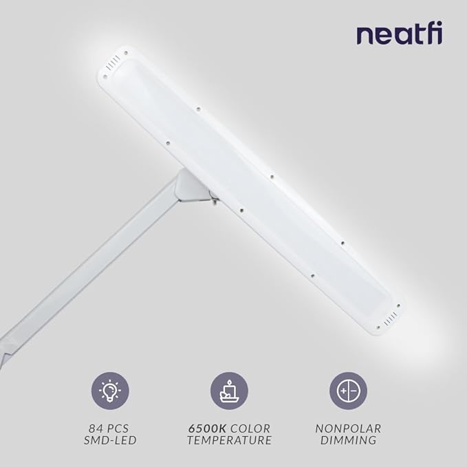 Neatfi Elite HD XL Task Lamp, 1600 Lumens, 84PCS SMD LED, 6500K, Non-Polar Dimming, Desk Light for Home, Office, and Study Room (Non-CCT with Clamp, White, 22 Inches)