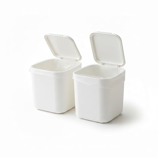 SILJIATING Mini Desktop Trash Can with Trash Bags, Small Countertop Waste Bin with Lid for Office, Skincare & Makeup Table, Tiny Aesthetic Garbage Bin for Bedside White(2pcs)