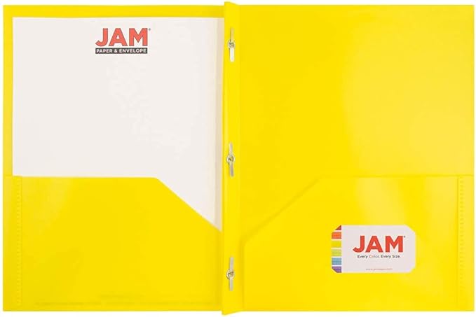JAM PAPER Plastic Color POP Folders - 2 Pocket Durable Folders with Metal Prongs Fastener Clasps - Yellow - 6/Pack