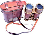 Nautical Marine Binocular Leather Case with Antique Brass Compass