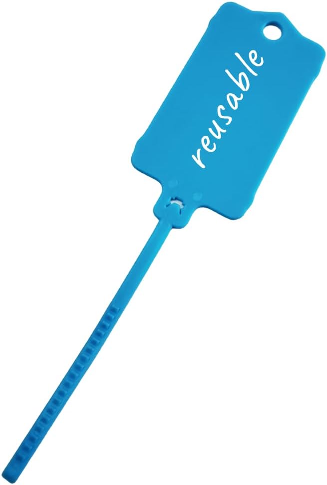100pcs Reusable Blank Plastic Tags Ties Key Tags 1.45"*2.48" Serrated Tension Sealing Strap with Large Label Plastic Tie Mark Label Waterproof Hang Sign Write on Tag (Blue, 100pcs)