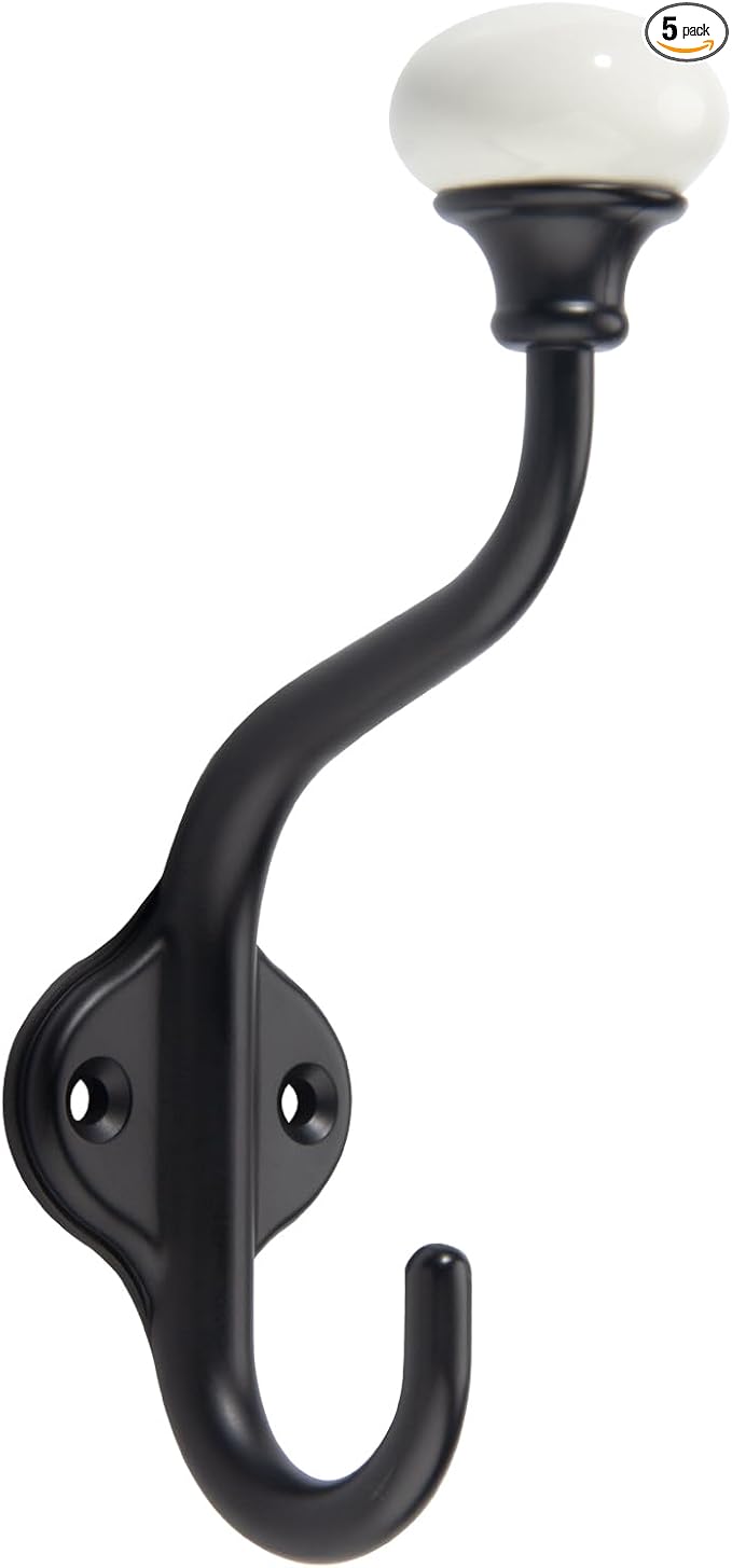 TUNNY Coat Hooks - 5 Pack Matte Black Towel Hooks Robe Hooks Decorative Wall Hooks for Bathroom Bedroom Kitchen Towel Robe Clothes Cabinet Closet Bathroom Hardware