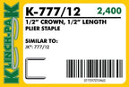 Klinch-Pak K-777/12, 1/2" Leg x 1/2" Wide Crown Heavy-Duty Galvanized Plier Staples, 2400 Per Package, for stapling Trays, Lids, Bags, Header Cards, Fastening End Caps and Container Inserts