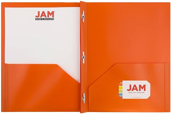 JAM PAPER Plastic Color POP Folders - 2 Pocket Durable Folders with Metal Prongs Fastener Clasps - Orange - 6/Pack