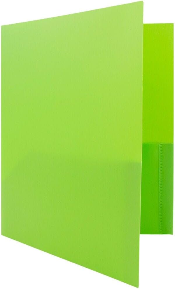 JAM PAPER Plastic Color Pop Folders - 2 Pocket Durable Folders with Metal Prongs Fastener Clasps - Lime Green - 3/Pack