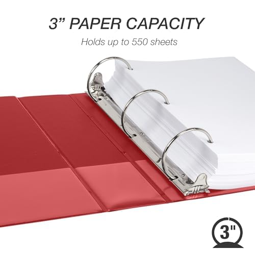 Samsill 3 Inch 3 Ring Binders, Made in USA, Economy Round Ring, Clear View Cover, 550 Sheet Capacity - for School, Home, Office - Red, 4 Pack