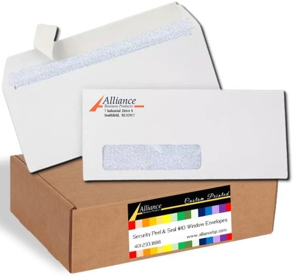 1000#10 Custom Printed Envelopes, White, Single Left Window, Self Seal, Security Tinted, Text and Logo Customization, Size 4-1/8 x 9-1/2 Inches, 24 LB