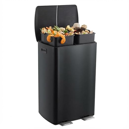 Fashionwu 16-Gallon Dual Compartment Stainless Steel Trash Can – Soft-Close Lids, Foot Pedal, Dual Removable Buckets, Fingerprint-Resistant Recycling Bin for Kitchen, Office & Commercial Use
