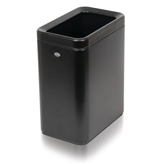 Clorox Slim Open Trash Can - 2.6 Gallon (10 Liter) Small Metal Waste Basket with Removable Bucket for Narrow Spaces - Stainless Steel Garbage Bin for Bathroom, Bedroom, or Office, Black