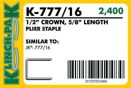 Klinch-Pak K-777/16, 5/8" Leg x 1/2" Wide Crown Heavy-Duty Galvanized Plier Staples, 2400 Per Package, Similar to JK777 Staples, for stapling Trays, Lids, Bags, Header Cards, Fastening End Caps