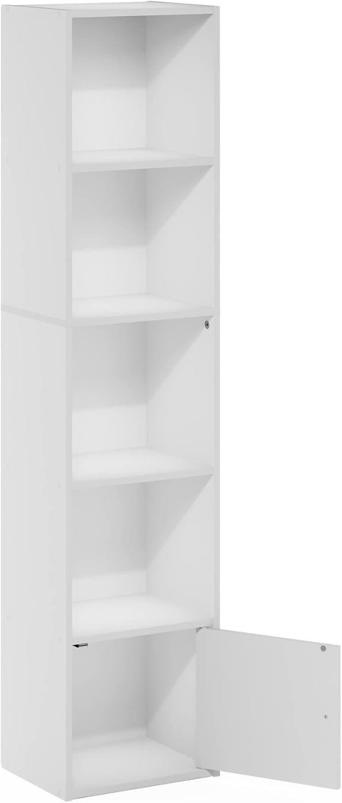 Furinno LUDER Book Shelf, 5-Tier Modern Bookshelf, Bookcase with 1 Door Storage Cabinet, 9.3 x 12 x 52, for Living Room, Bedroom, Home Office, White