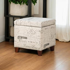 Adeco Fabric Script Pattern Cube Storage Footstool, Hinged Lid, Solid Wood Legs, 18" Height Ottomans & Storage Ottomans, Cream White