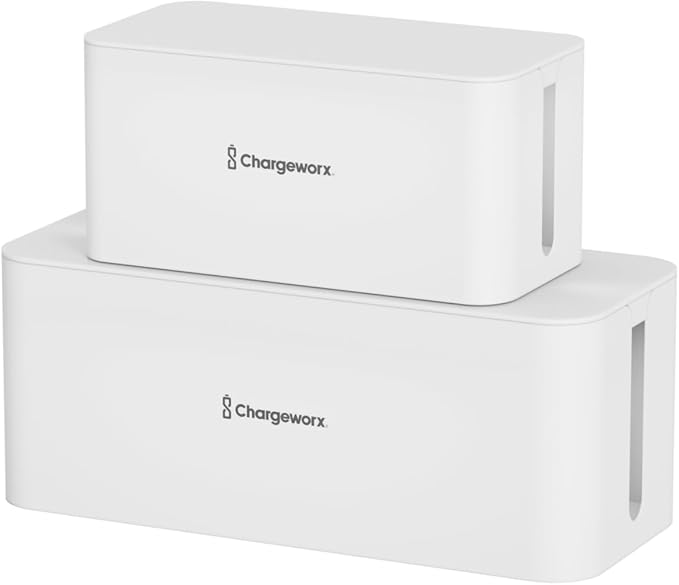 ChargeWorx Cable-Management Box Set, 2 Pack Cord Organizer to Hide Power Strips and Surge Protectors, Desk and Floor Wire Concealer for Home Office, TV Area, White
