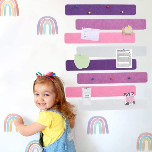 Vuzvuv 8 pcs Bulletin Board Bar Strips with 50 Pushpins & 10 Wooden Clip pins，Self Adhesive Cork Board for Wall，Felt Pin Board for School，Office Decor(Purple Rose)