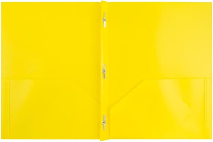 JAM PAPER Plastic Color Pop Folders - 2 Pocket Durable Folders with Metal Prongs Fastener Clasps - Yellow - 3/Pack