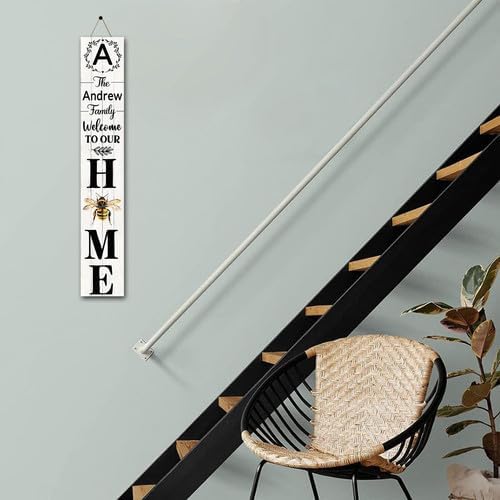 SRongmao Welcome To Our Home Porch Sign Personalized Welcome Sign for Front Door Custom Family Name Signs Standing Vertical Rustic Farmhouse Bee Decor for Front Door Wall Decor