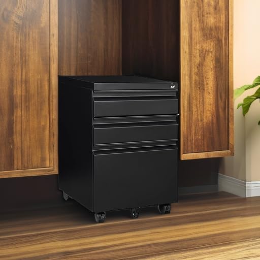 AFAIF 3 Drawer Mobile File Cabinet with Lock, Rolling Filing Cabinets for Home Office, Under Desk Small File Cabinet Three Drawers for Legal/Letter/A4 File, Black - Assembly Required