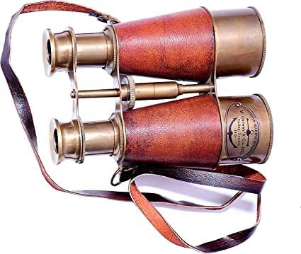 Nautical Marine Binocular Leather Case with Antique Brass Compass
