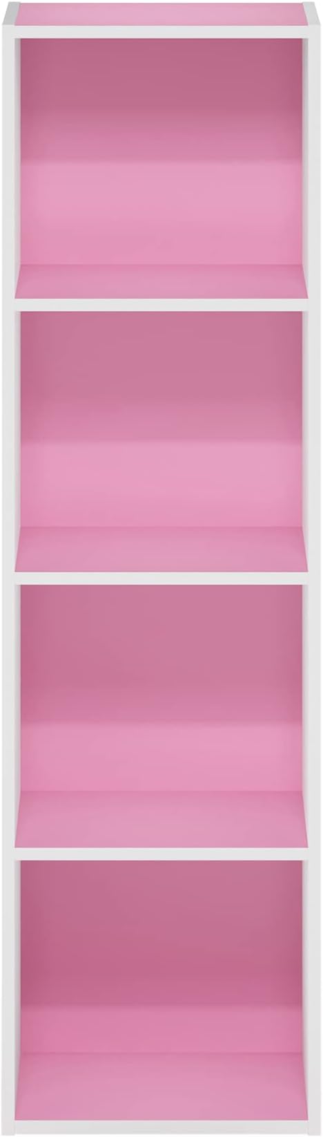 Furinno PASIR Book Shelf, 4-Tier Modern Bookshelf, Open Shelves Bookcase 9 x 12 x 42, for Living Room, Bedroom, Home Office, Pink/White