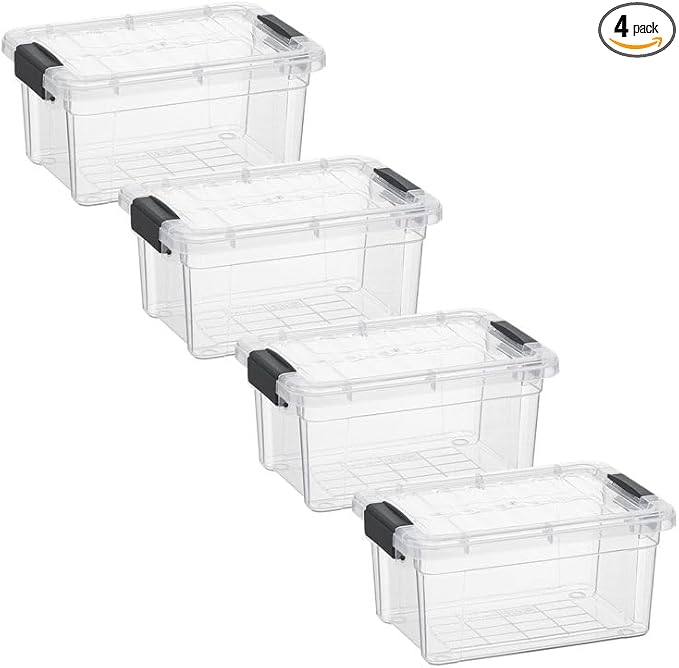Superio Clear Storage Boxes with Lids, 3.4 Quart Plastic Container Bins for Organizing, Stackable Crates, BPA Free, Non Toxic, Odor Free, Organizers for Home, Office and Dorm, 4 Pack