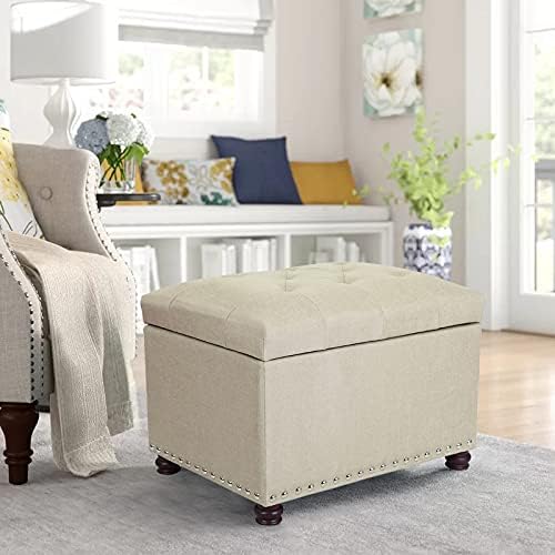 Decent Home 24" Storage Ottoman, Fabric Ottoman Foot Rest Stool with Hinged Lid, Tufted Rectangle Upholstered Footstool, Load Up to 350 lb, for Living Room, Bedroom, Dorm, Tan