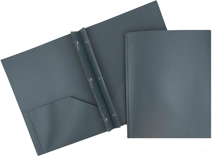 JAM PAPER Plastic Color Pop Folders - 2 Pocket Durable Folders with Metal Prongs Fastener Clasps - Grey - 3/Pack