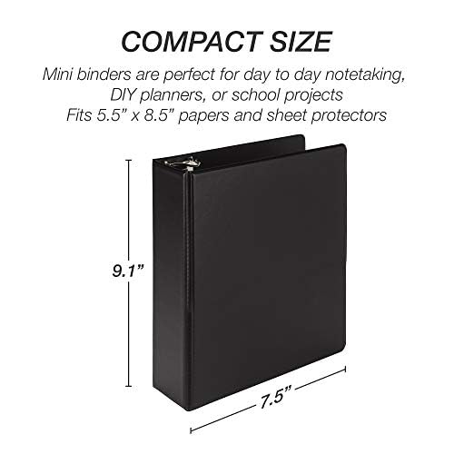 Samsill Economy 1 Inch Mini 3 Ring Binder, Made in The USA, 9.1" x 7.5" Round Ring Binder, Non-Stick Customizable Cover, Black (Pack of 6)