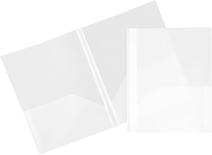 JAM PAPER Plastic Color POP Folders - 2 Pocket Durable Folders with Metal Prongs Fastener Clasps - Clear - Bulk 96/Pack