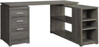 Pemberly Row L Shape Corner Storage Desk in Weathered Gray, Letter/Legal File, 5 Bookshelves