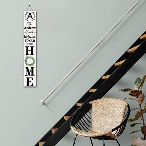 SRongmao Welcome To Our Home Porch Sign Personalized Welcome Sign for Front Door Custom Family Name Signs Standing Vertical Rustic Farmhouse Eucalyptus Wreaths Decor for Front Door Wall Decor