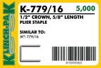 Klinch-Pak K-779/16, 5/8” Leg Length by 1/2" Wide Crown Heavy-Duty Galvanized Plier Staples, 5000 Per Package, Similar to JK779 Staples, for stapling Trays, Lids, Header Cards, Fastening End Caps