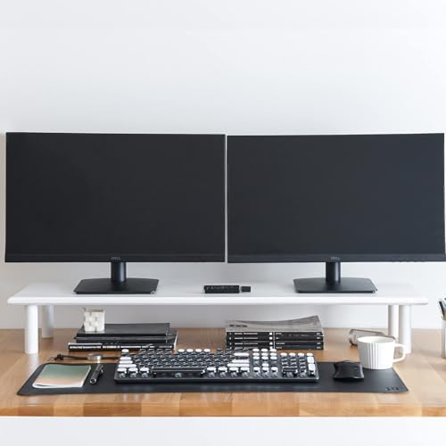 ROCDEER Bamboo Dual Monitor Stand Riser White, Desk Monitor Riser for 2 Monitors, Supports for PC Computer Monitor, Printer, Heavy TV Riser up to 300 lbs, White
