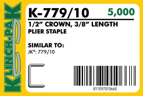 Klinch-Pak K-779/10, 3/8” Leg Length by 1/2" Wide Crown Heavy-Duty Galvanized Plier Staples, 5000 Per Package, for stapling Trays, Lids, Bags, Header Cards, Fastening End Caps and Container Inserts
