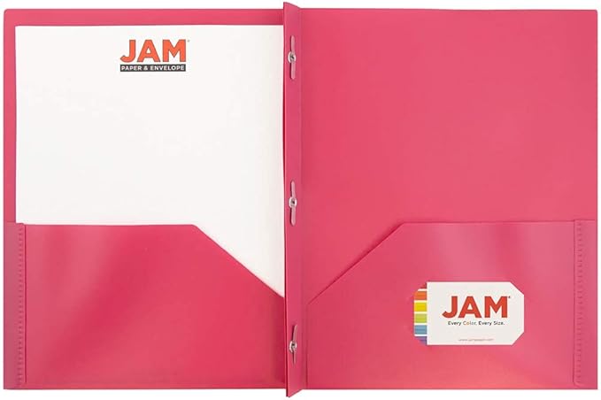 JAM PAPER Plastic Color POP Folders - 2 Pocket Durable Folders with Metal Prongs Fastener Clasps - Fuchsia Hot Pink - 6/Pack