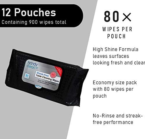 HandyClean Table Top And Counter Cleaning Wipes Pack of 12 Pouches Containing 80 Count 10.5" x 7.75" Pre-Moistened Wipes With High Shine Formula Perfect For Use at Home or Restaurants Clinics, Office